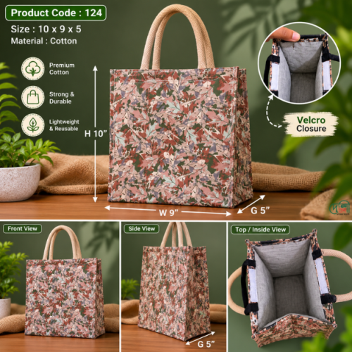 Premium Cotton Lunch Carry Bag | Zipper & Velcro Closure | 10×9×5 Inch